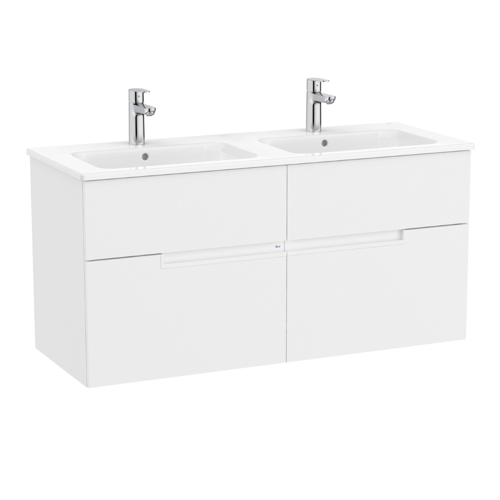 Product cut out image of the Roca Victoria-N Unik Matt White 1200mm Wall Hung 4 Drawer Vanity Unit & Double Basin